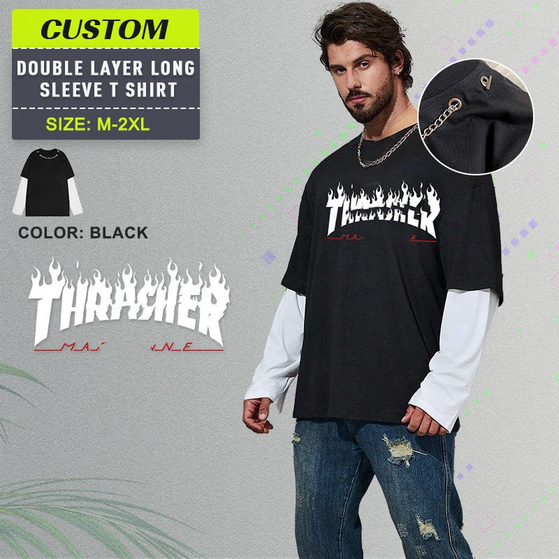 New Fashion Vintage Screen Printing DTG Acid Wash Cotton Mens Double Layer Long Sleeve T-shirt for men tee