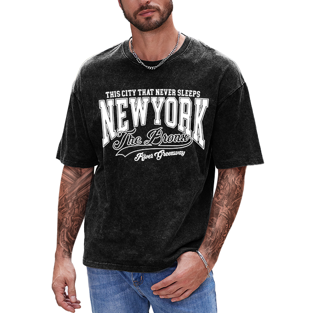 Washed men boxy t shirt Wholesale New York letter print 200 gsm t shirt Vintage Tee Graphic 100% Cotton Acid Wash men's t-shirts