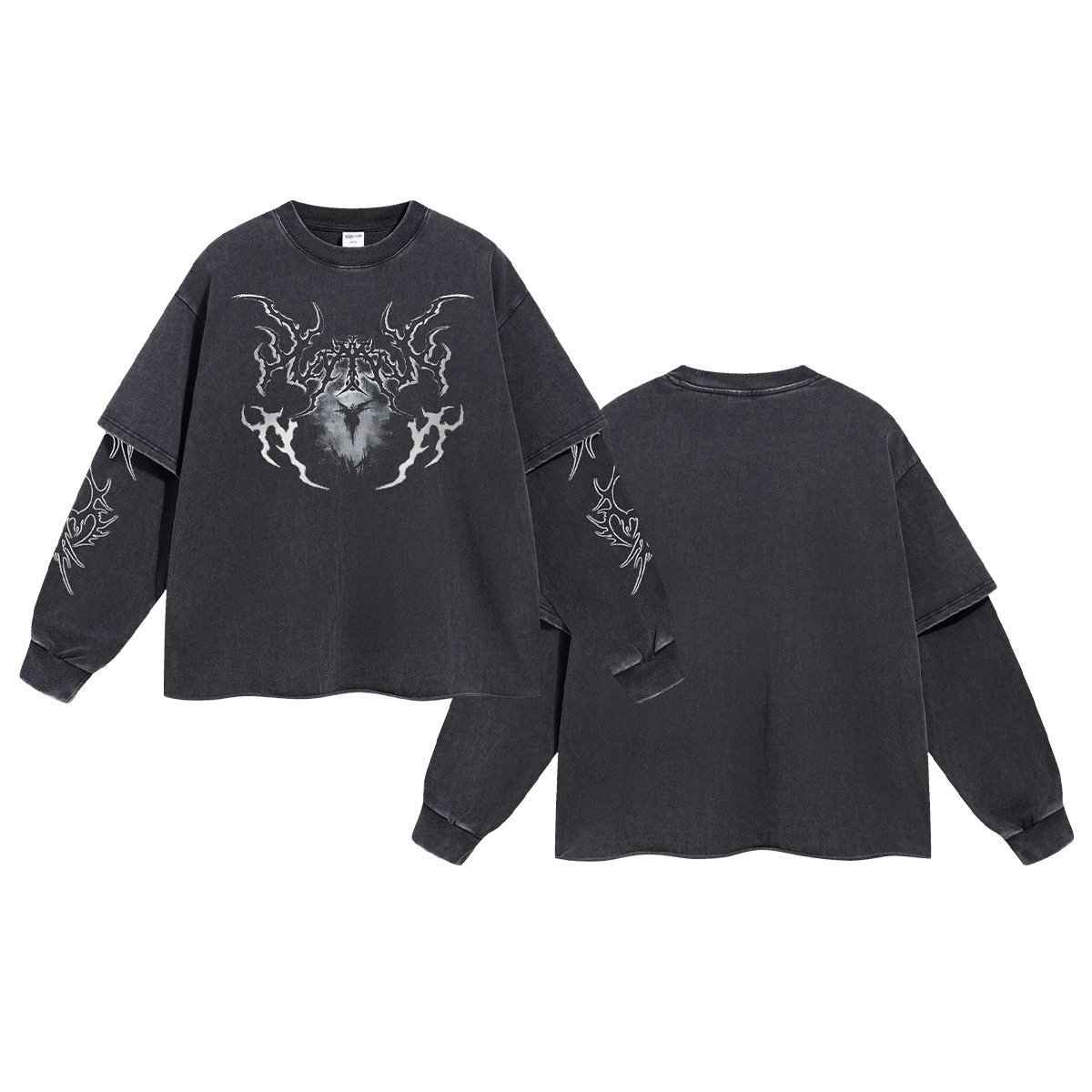 Manufacture Custom Acid Wash DTG Tee Cotton Screen Printed Vintage Double Layer Long Sleeve T-shirt