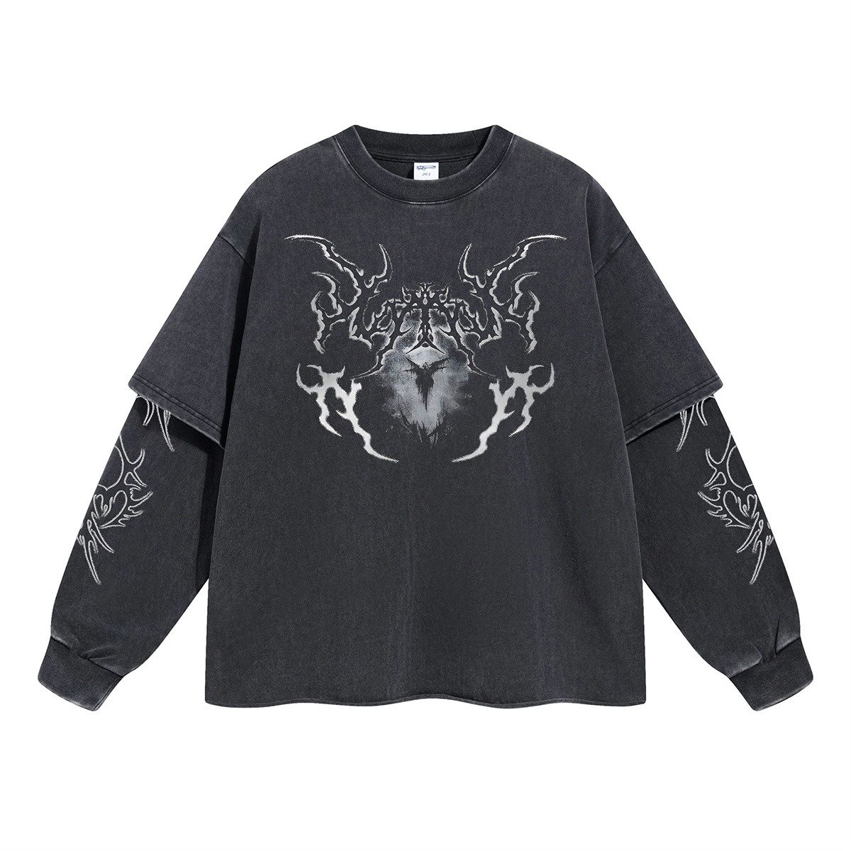 Manufacture Custom Acid Wash DTG Tee Cotton Screen Printed Vintage Double Layer Long Sleeve T-shirt