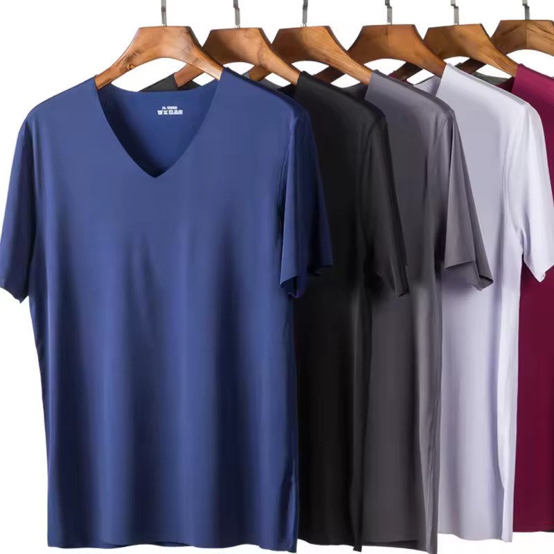 Large Size Ice Silk Seamless Short-sleeved T-shirt Men's Summer V-neck Half-sleeved Shirt Youth Sports Singlet Solid Color