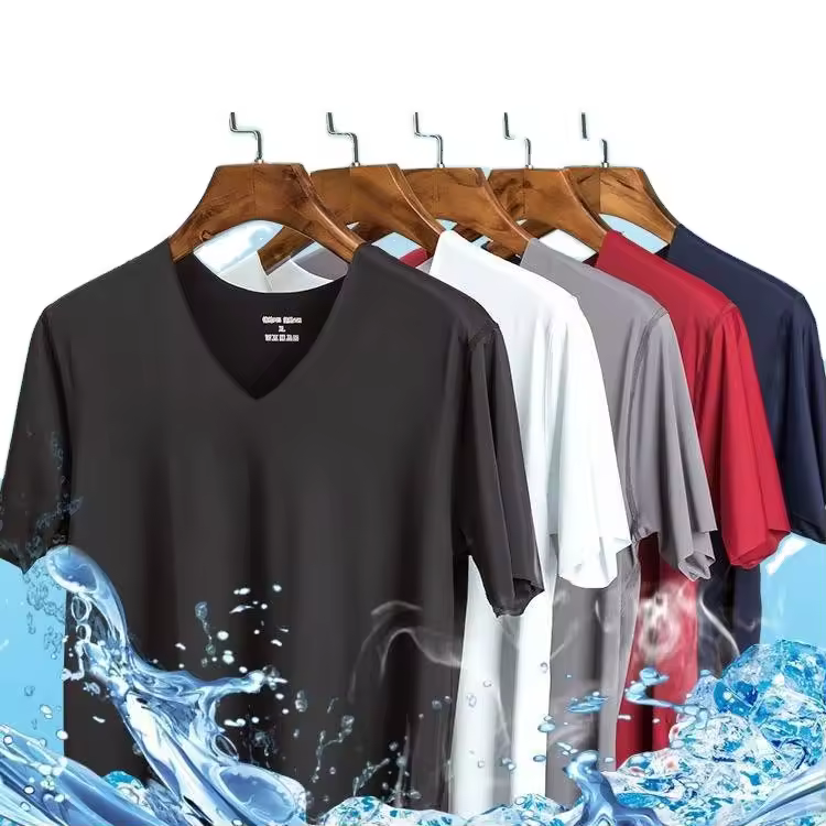 Large Size Ice Silk Seamless Short-sleeved T-shirt Men's Summer V-neck Half-sleeved Shirt Youth Sports Singlet Solid Color