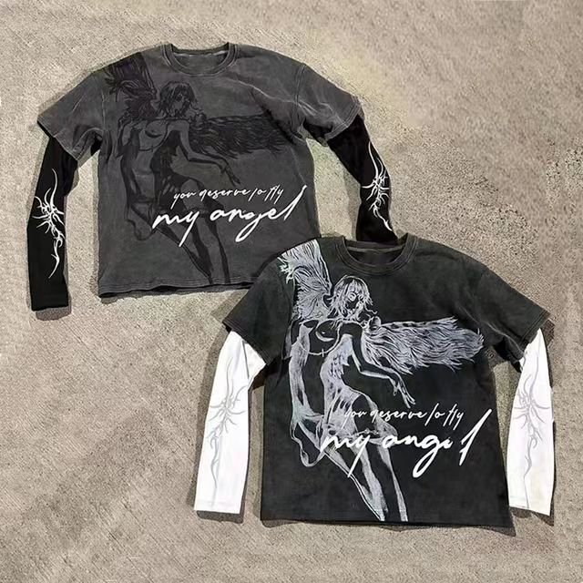 Vintage Graphic DTG Printing Acid Washed 100% Cotton Oversized Double Layer Long Sleeve Men's T-Shirt Custom Blank Knitted 3D