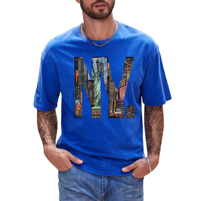 America oversized washed t shirt NY city scene letter print organic cotton t shirt Street wear Acid Wash Vintage men's t-shirts