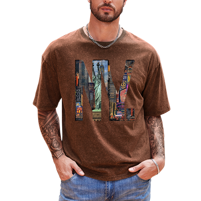 America oversized washed t shirt NY city scene letter print organic cotton t shirt Street wear Acid Wash Vintage men's t-shirts