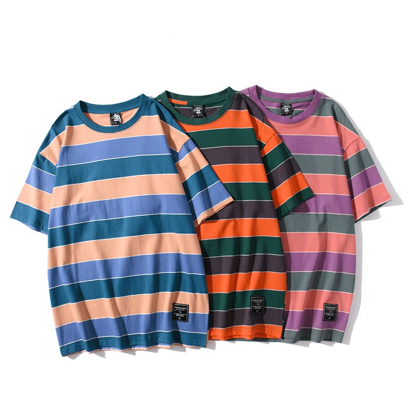Wholesale Latest Design Men's T-Shirts Summer O-Neck Short Sleeve Stripe T-Shirt Loose Casual Couple Cotton T-Shirt