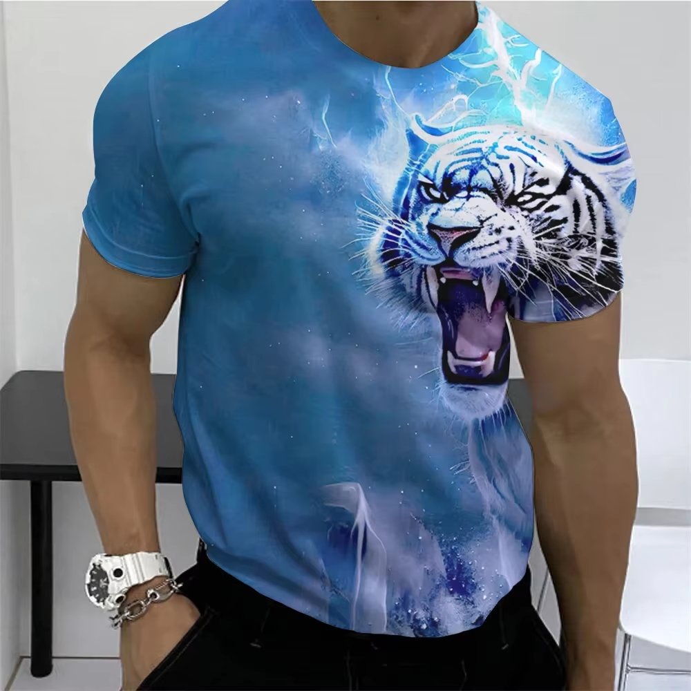 Summer Short-Sleeved Men's T-Shirt Oversized Pullover with 3D Tiger Print Blank Design Neck Collar Male Tops Clothing