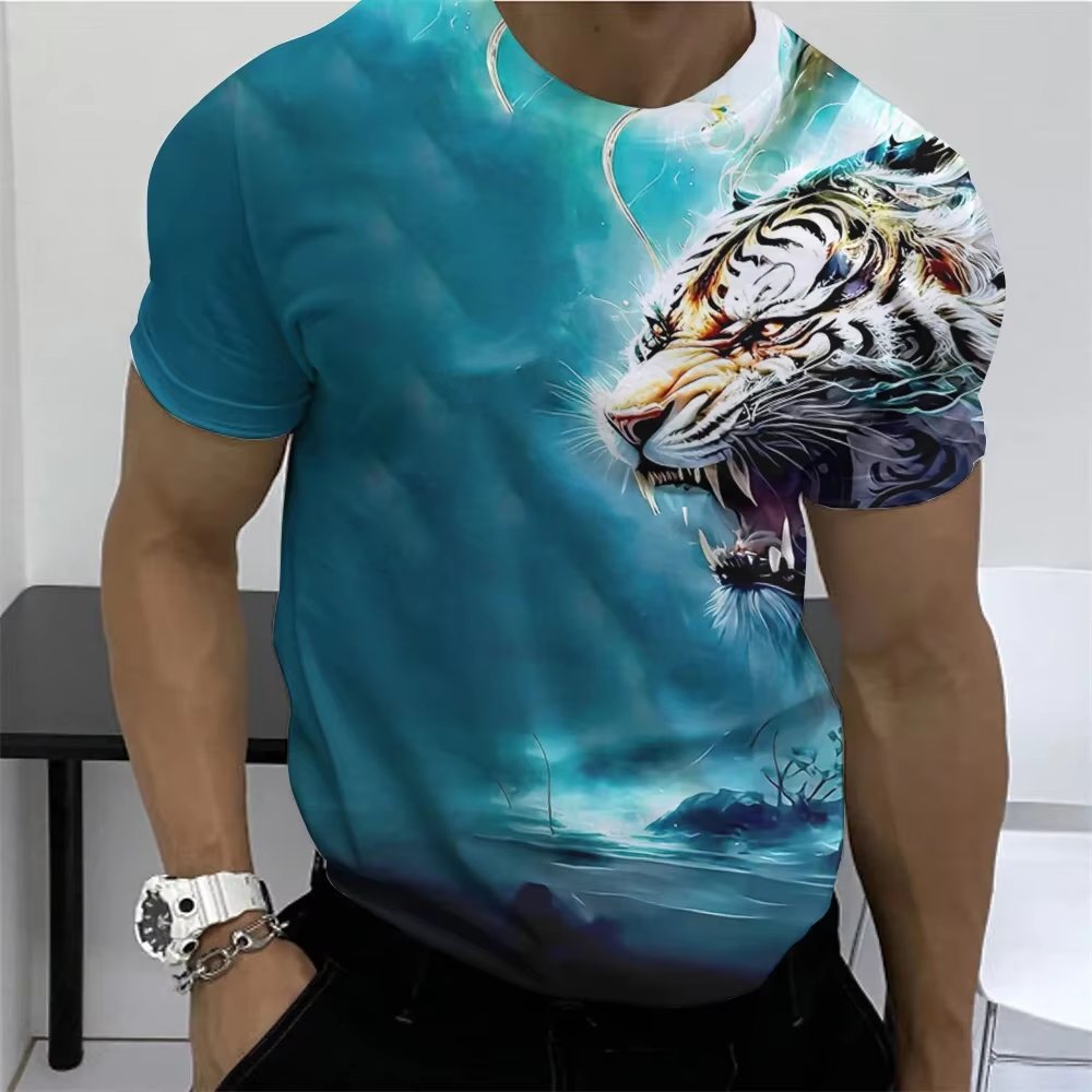 Summer Short-Sleeved Men's T-Shirt Oversized Pullover with 3D Tiger Print Blank Design Neck Collar Male Tops Clothing
