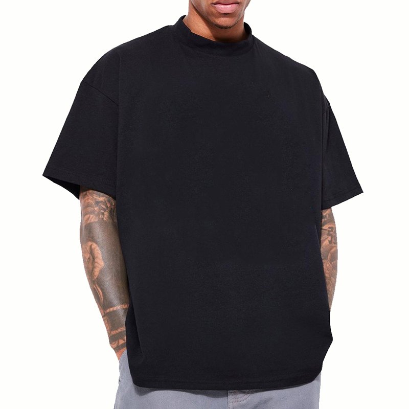 men's tshirt custom logo printing 100% cotton oversized drop shoulder streetwear blank mock rib neck tshirt for men