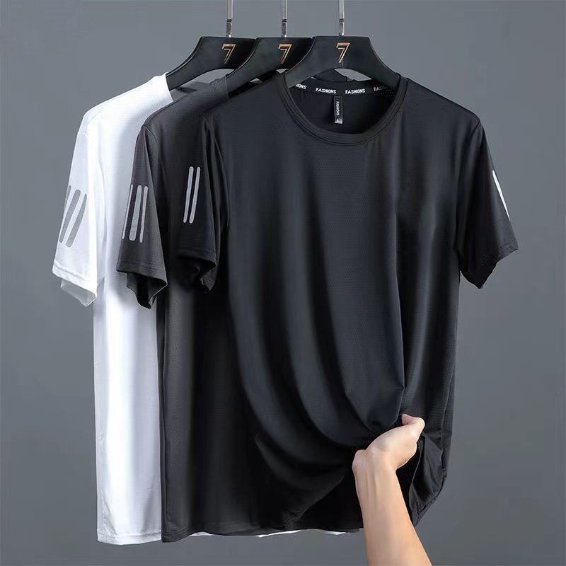 Hot selling summer ice silk T-shirt men's round neck quick drying shirt short sleeved thin breathable oversized top T-shirt