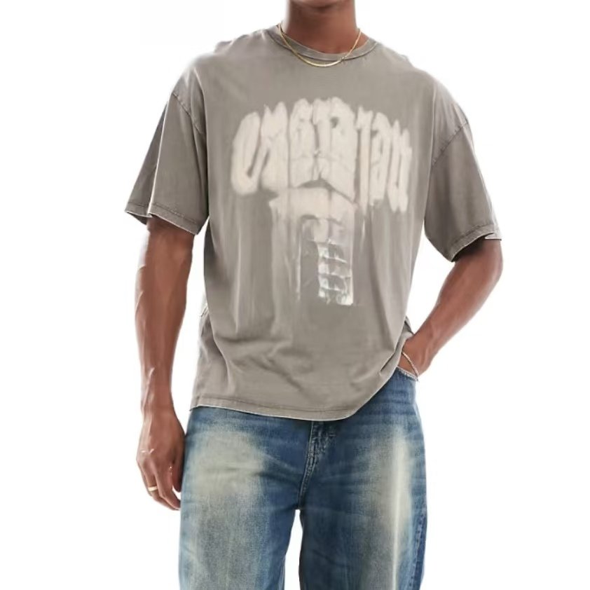 Summer New Factory Wholesale Men's Wash Short Sleeve Print Fashion Loose Crew Neck Acid Wash T-shirt