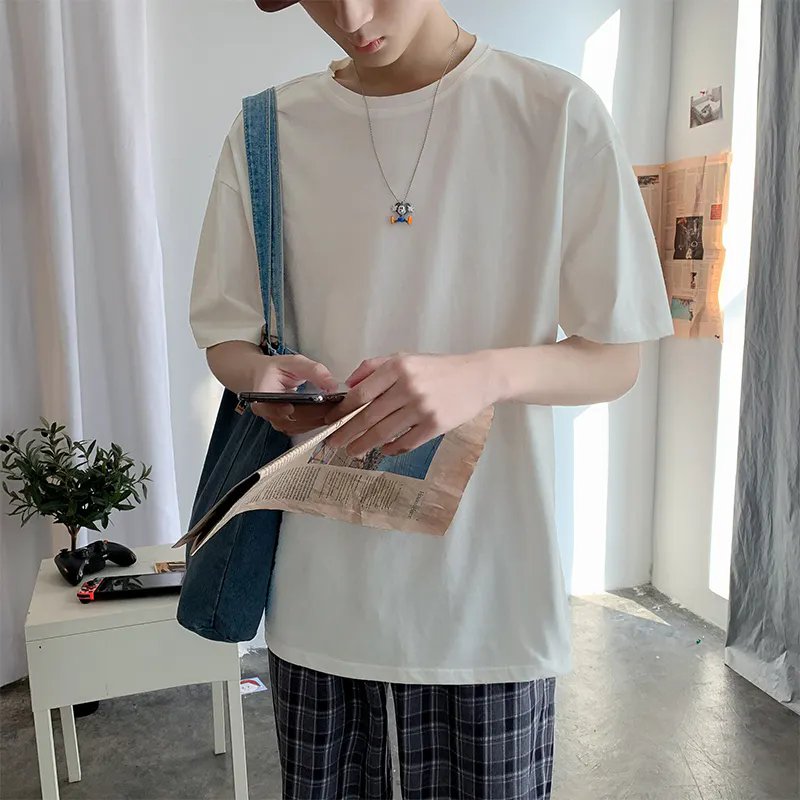 Men T-shirts Male Top Tees Oversize Summer Tshirt Casual Drop Shoulder Sleeve Cotton Basic Solid Plain T-Shirt