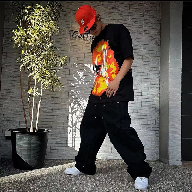 Wholesale High Quality Heavyweight 100% Cotton 230G Flame Print Offset Made In USA Oversized Offset Tears Unisex Tshirts For Men