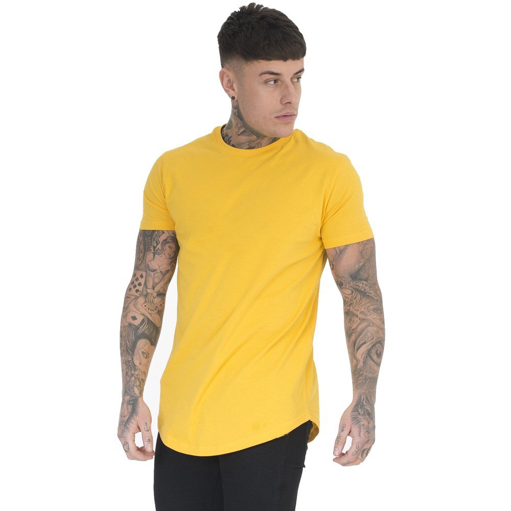 New Men Cotton Short Sleeve T-Shirt Fitness Slim Patchwork Black T-Shirt Curved Hem Male Gym T-Shirts