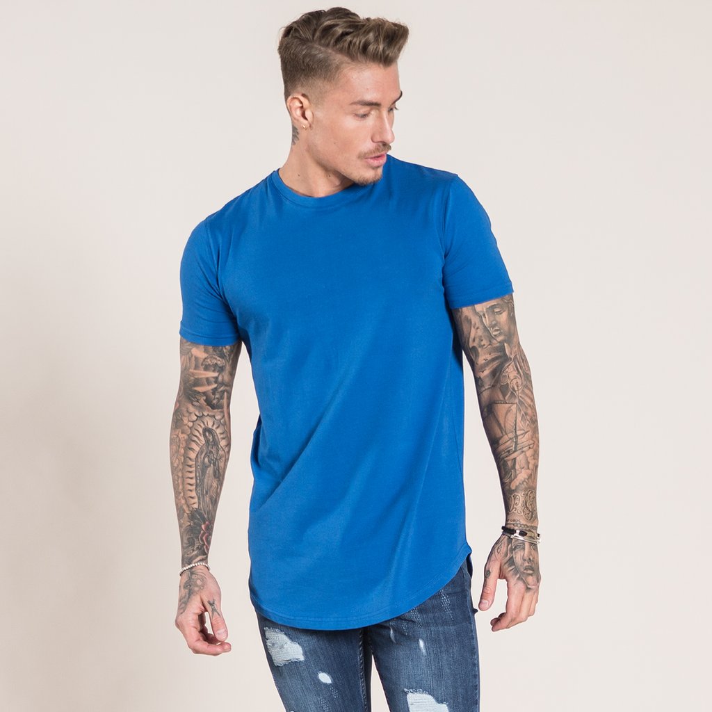 New Men Cotton Short Sleeve T-Shirt Fitness Slim Patchwork Black T-Shirt Curved Hem Male Gym T-Shirts