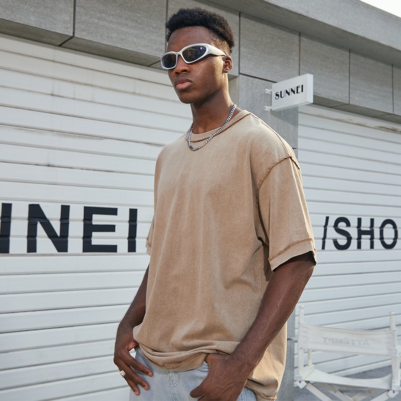 Men fashion loose reverse cut and sew t shirt 100% cotton oversized tshirt custom washed vintage t shirt