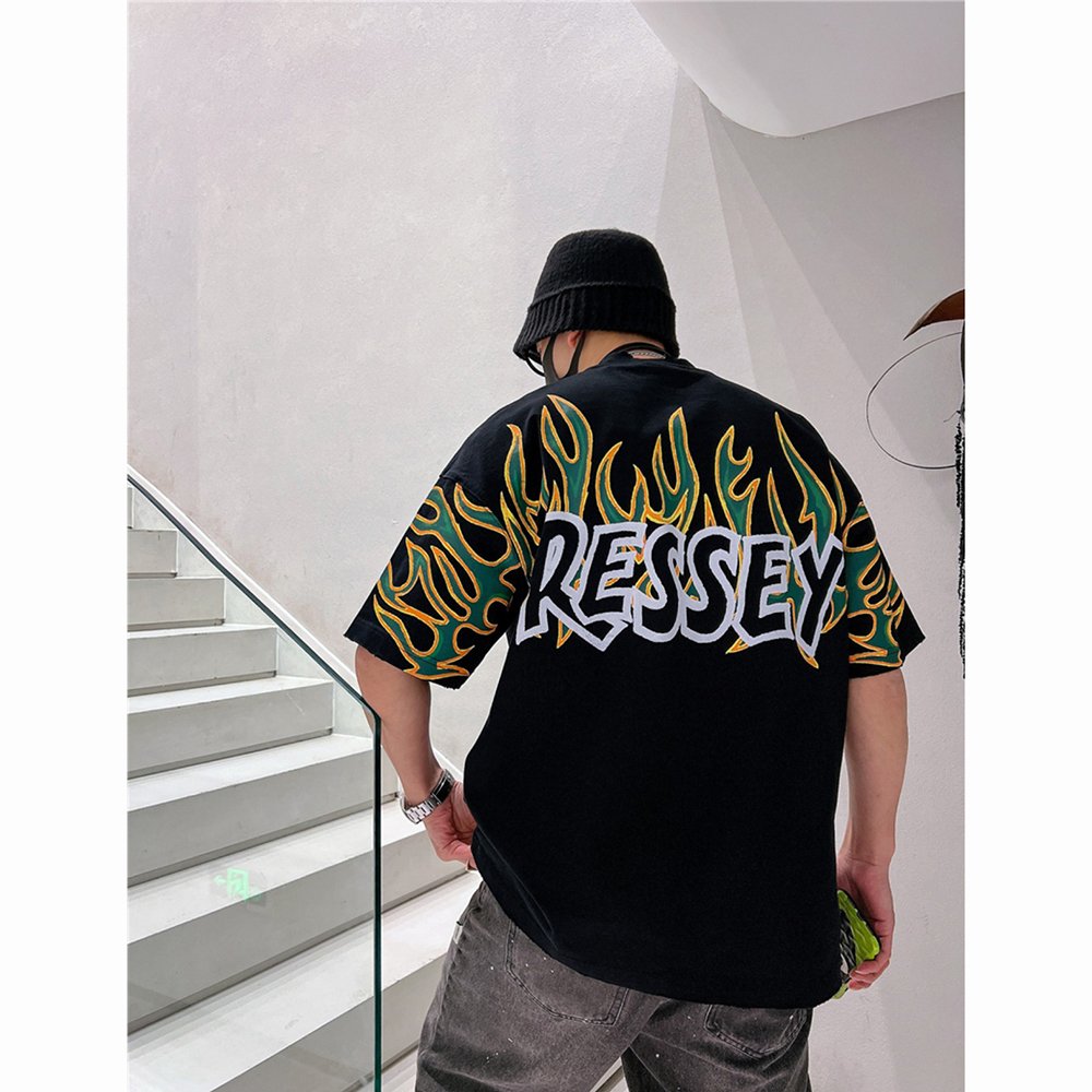 Custom 100% Cotton t-shirt flame Graphic tee Shirt distressed screen printing Plus Size Men's streetwear oversize T-shirts