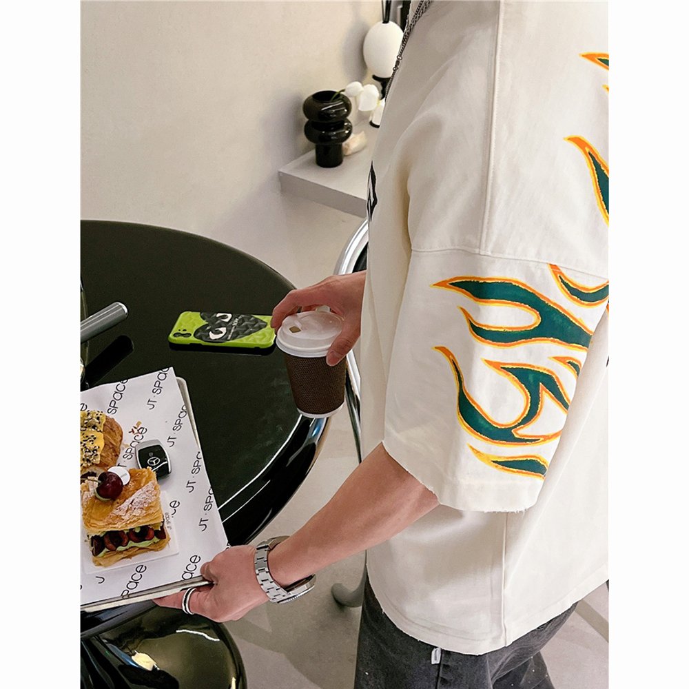 Custom 100% Cotton t-shirt flame Graphic tee Shirt distressed screen printing Plus Size Men's streetwear oversize T-shirts