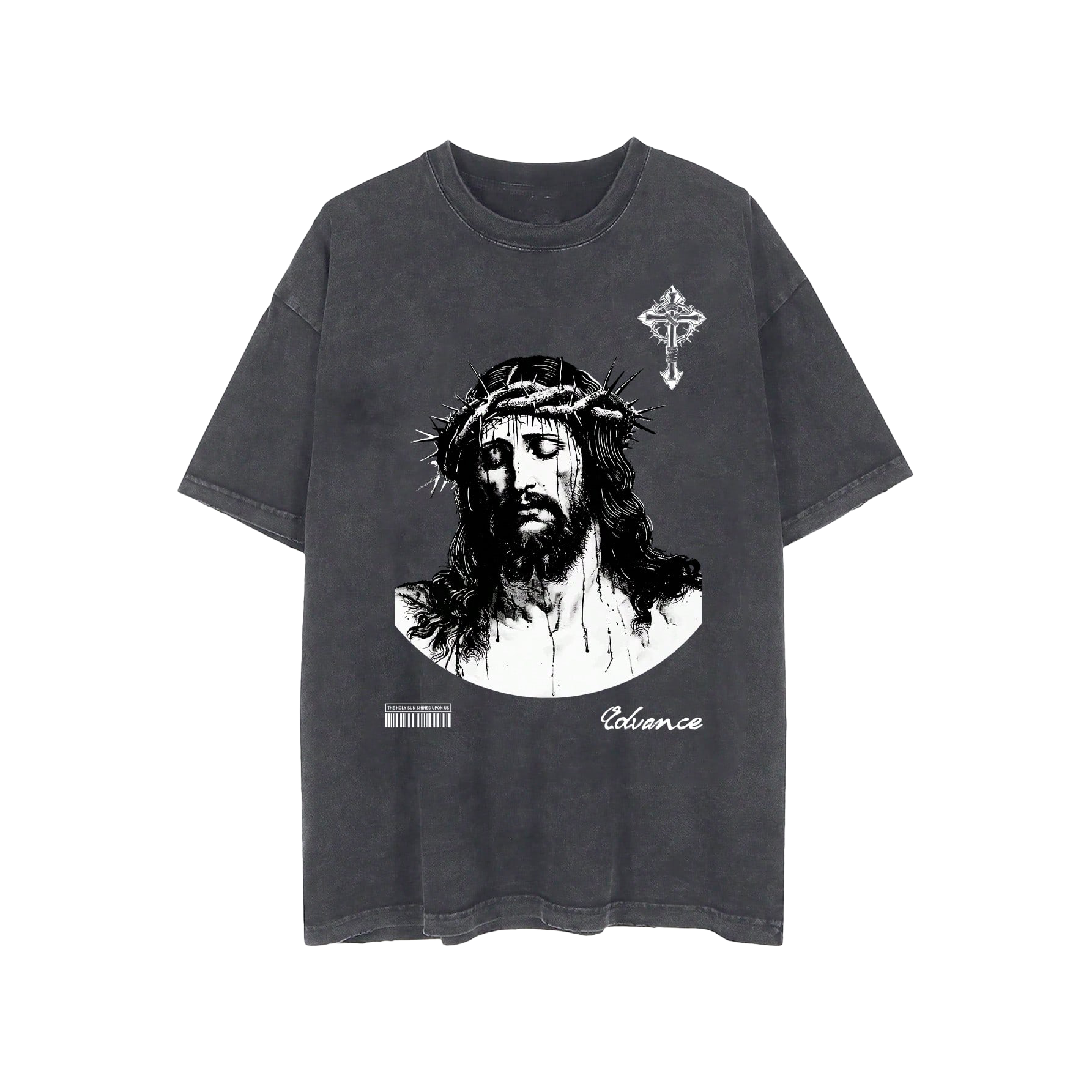 Men's Plus-Size Street-Style Vintage Creative Jesus Solid Color Portrait Pattern Loose Black Short-Sleeve T-Shirt