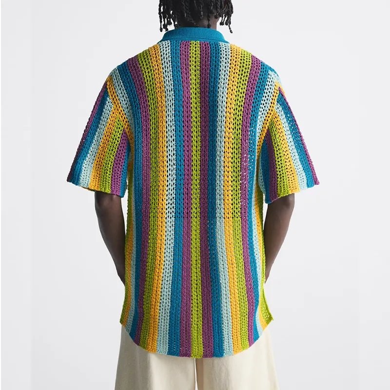 Crochet Knit Summer Stripped Multi Color Button Down Cardigan Knitwear Men Mesh Short Sleeve Polo Knitted Crochet Men's T-shirts