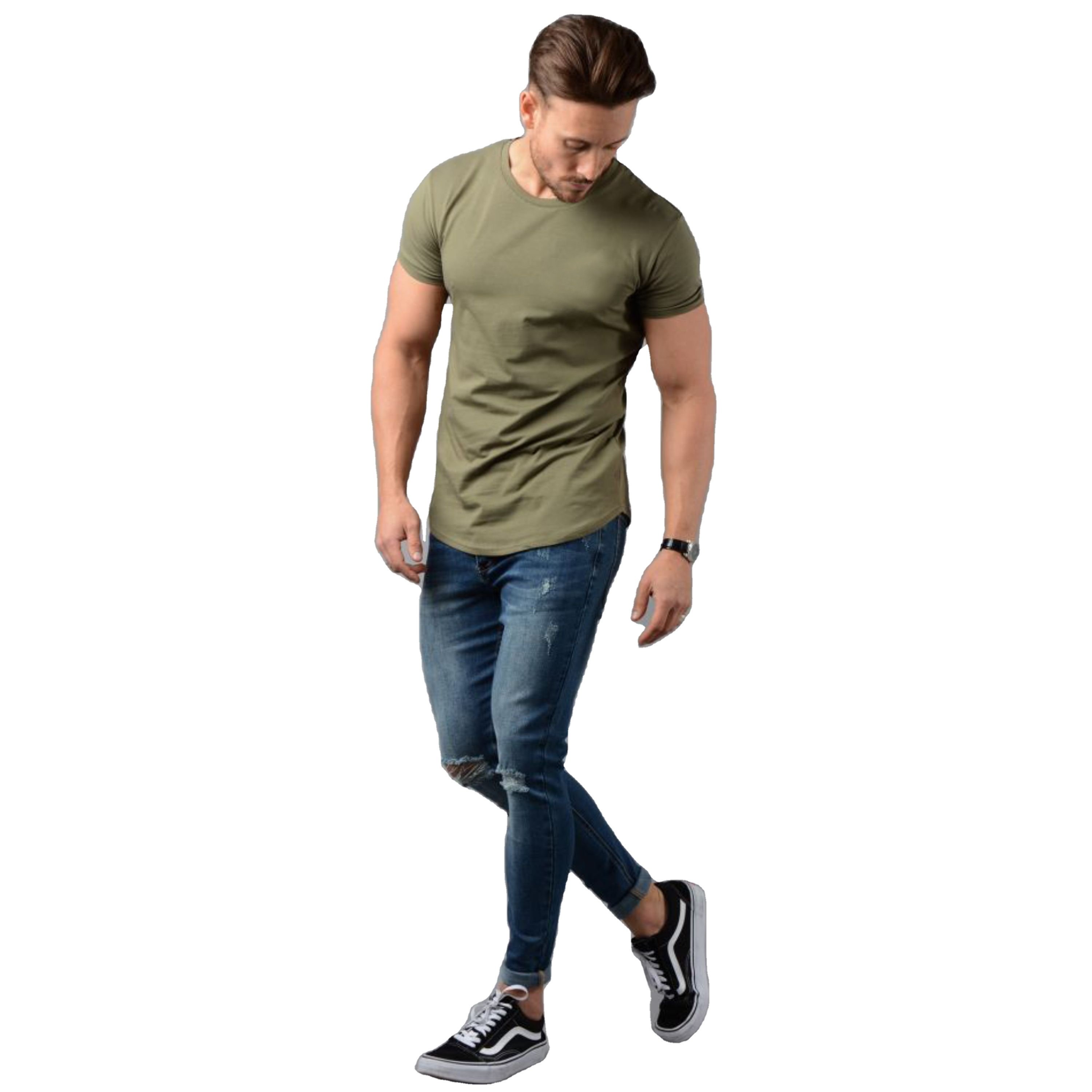 2024 New Slim Fit Longline Tee Shirt: 95% Cotton 5% Elastane, Longer Drop, Curved Hem, Muscle Slim Fitted Gym T-Shirt
