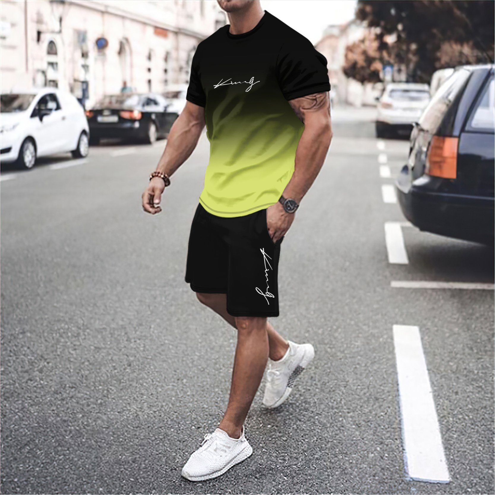 Trendy T-Shirt for Men Shorts Set Men's Short Sleeved O-Neck Top Casual and Fashionable Skateboarding Sportswear Set