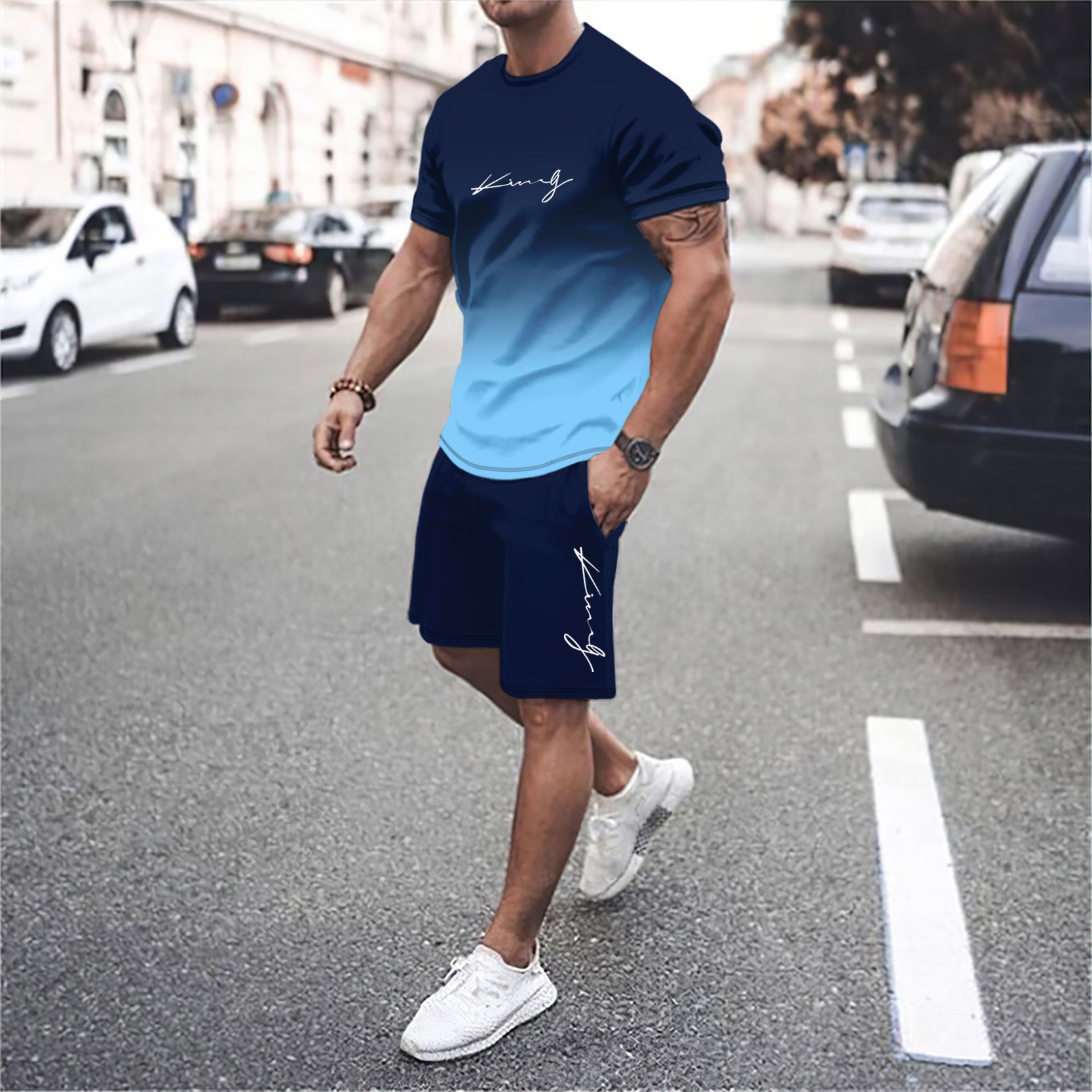 Trendy T-Shirt for Men Shorts Set Men's Short Sleeved O-Neck Top Casual and Fashionable Skateboarding Sportswear Set