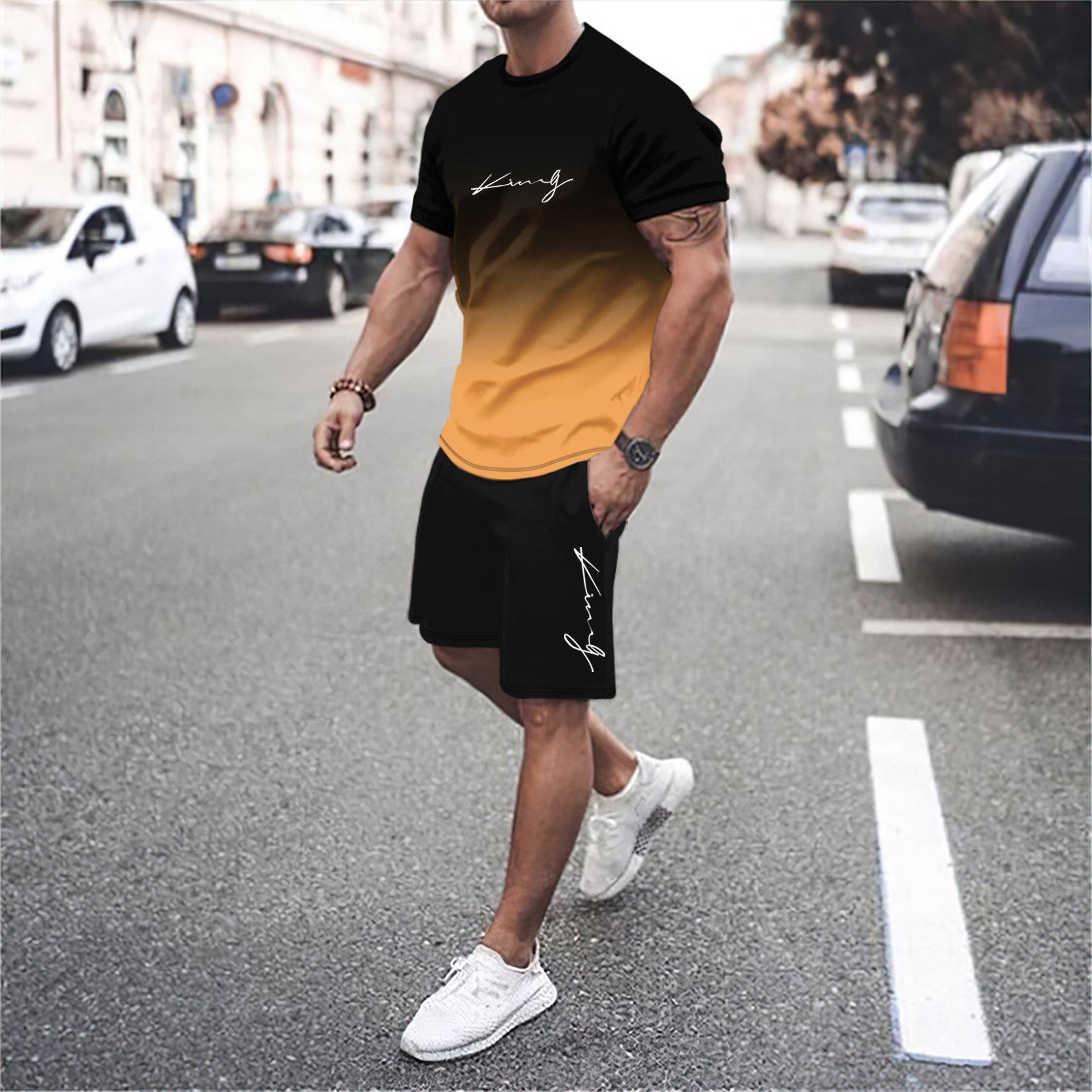 Trendy T-Shirt for Men Shorts Set Men's Short Sleeved O-Neck Top Casual and Fashionable Skateboarding Sportswear Set