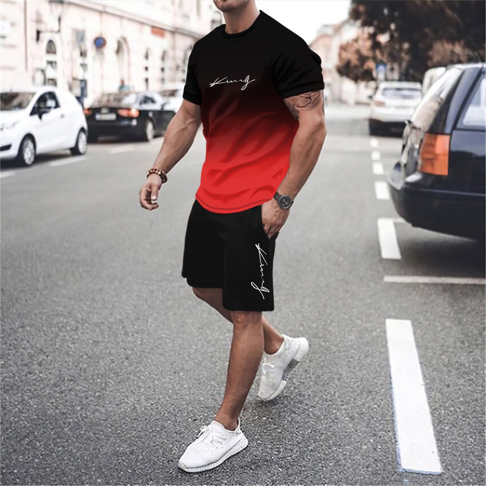 Trendy T-Shirt for Men Shorts Set Men's Short Sleeved O-Neck Top Casual and Fashionable Skateboarding Sportswear Set