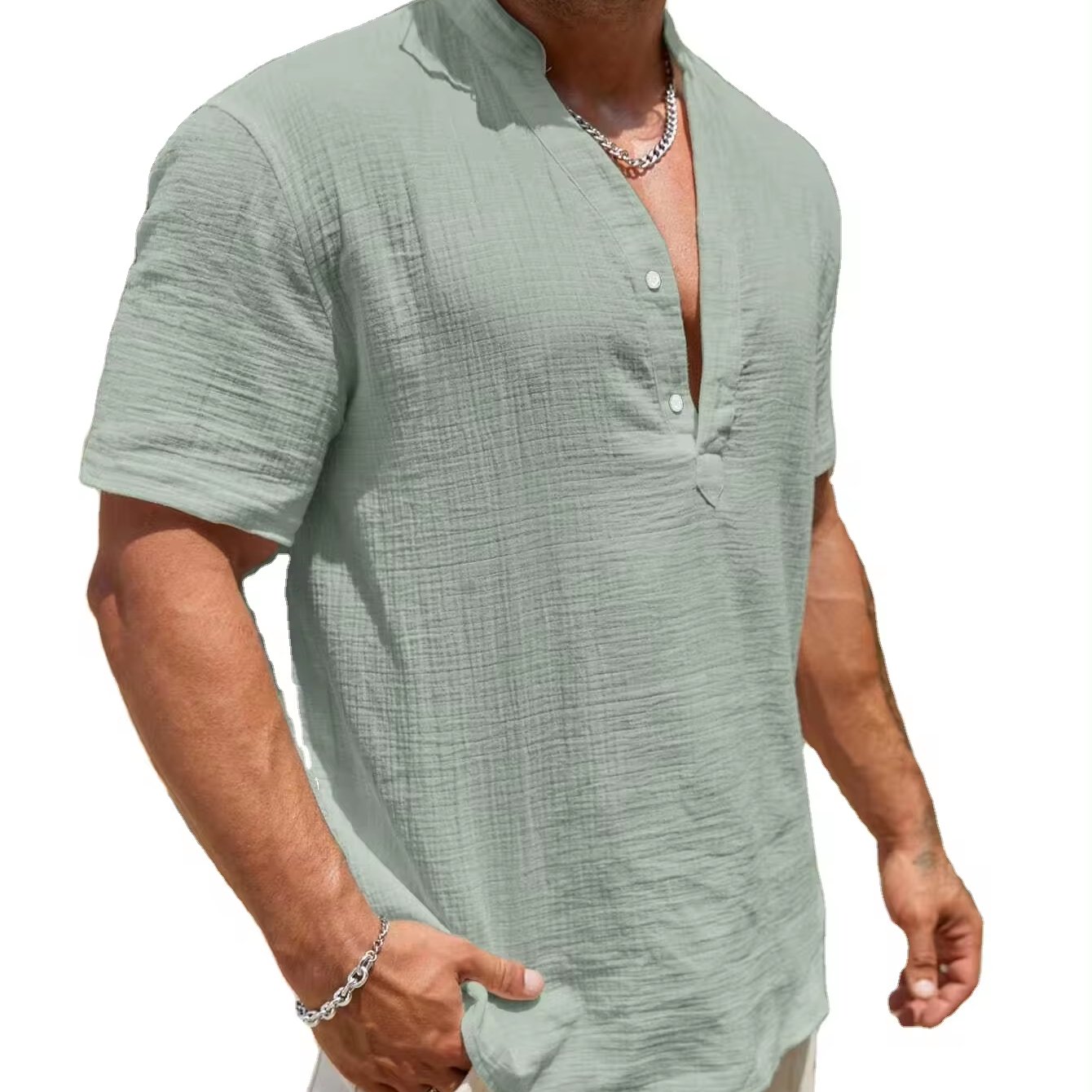 Spring men's button cotton linen shirt Casual solid color V-neck button T-shirt Loose short sleeve plus size men's T-shirt