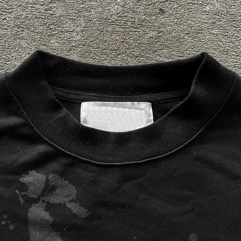New Fashion Street Hip-Hop Acid Washed T-Shirt Customized Sun-Fade Oversized Rhinestone Printed Pullover Black Men's T-Shirt