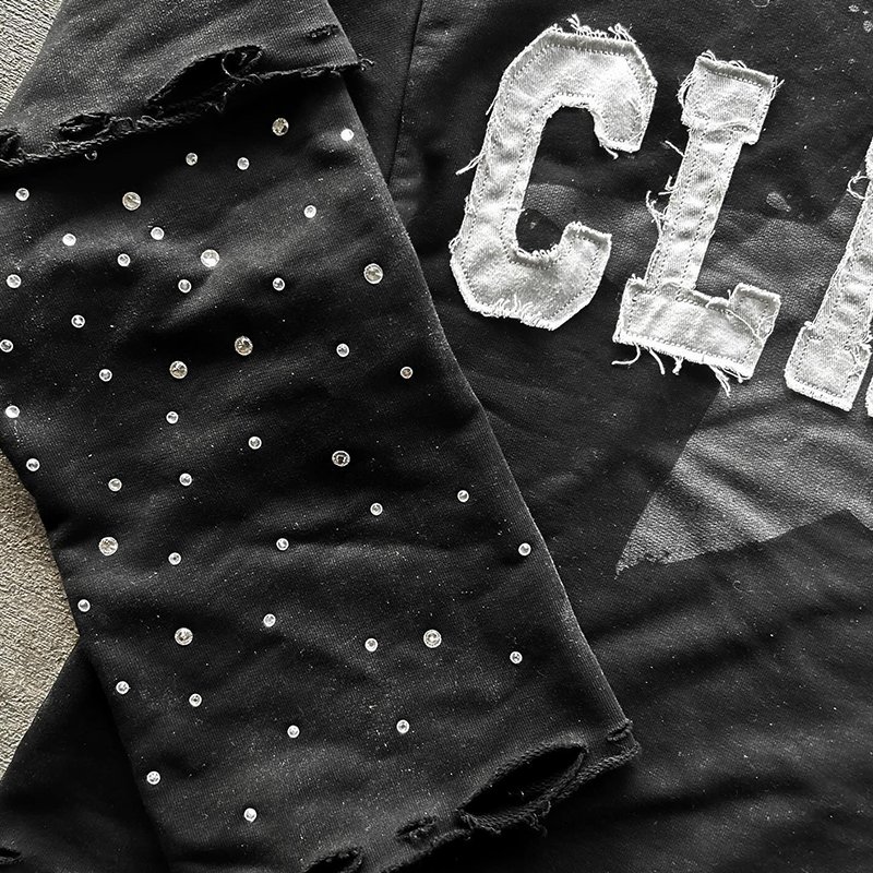 New Fashion Street Hip-Hop Acid Washed T-Shirt Customized Sun-Fade Oversized Rhinestone Printed Pullover Black Men's T-Shirt