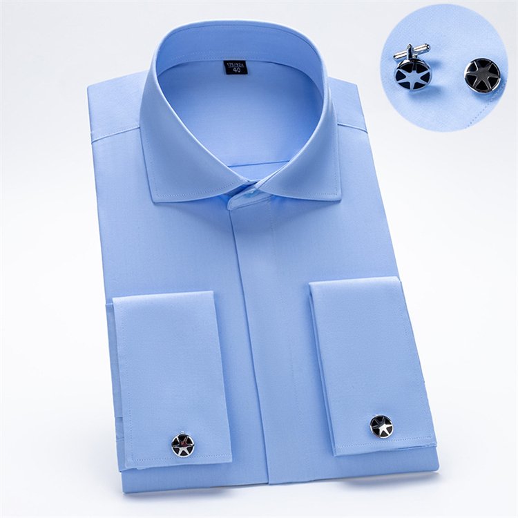 Men's French cufflink shirt Men's long-sleeved Windsor collar button-down bamboo fiber double-folded sleeves business dress whit