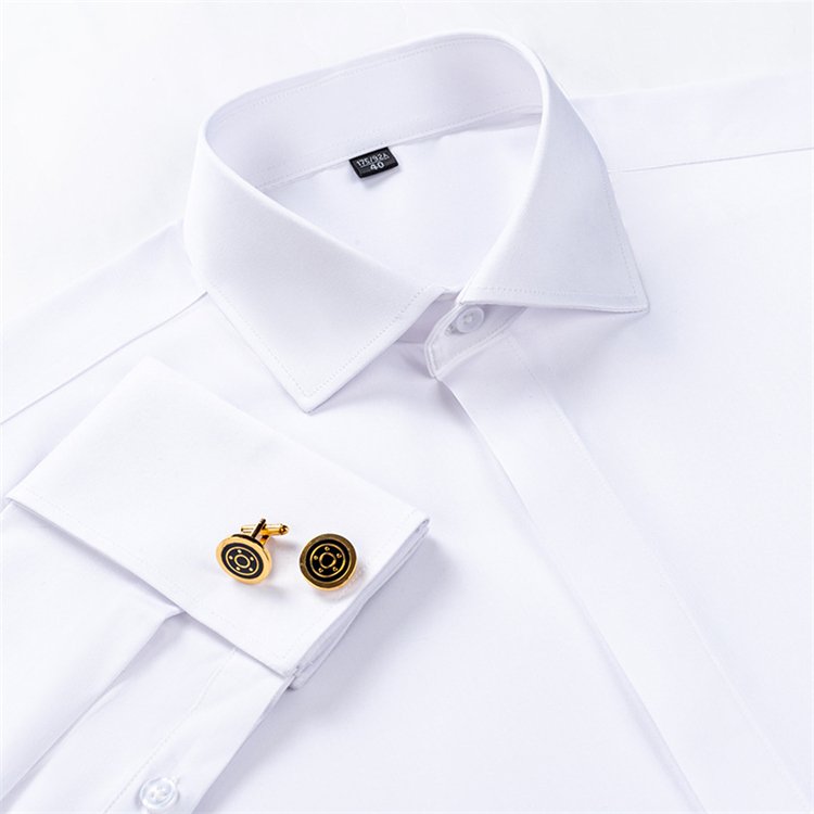 Men's French cufflink shirt Men's long-sleeved Windsor collar button-down bamboo fiber double-folded sleeves business dress whit