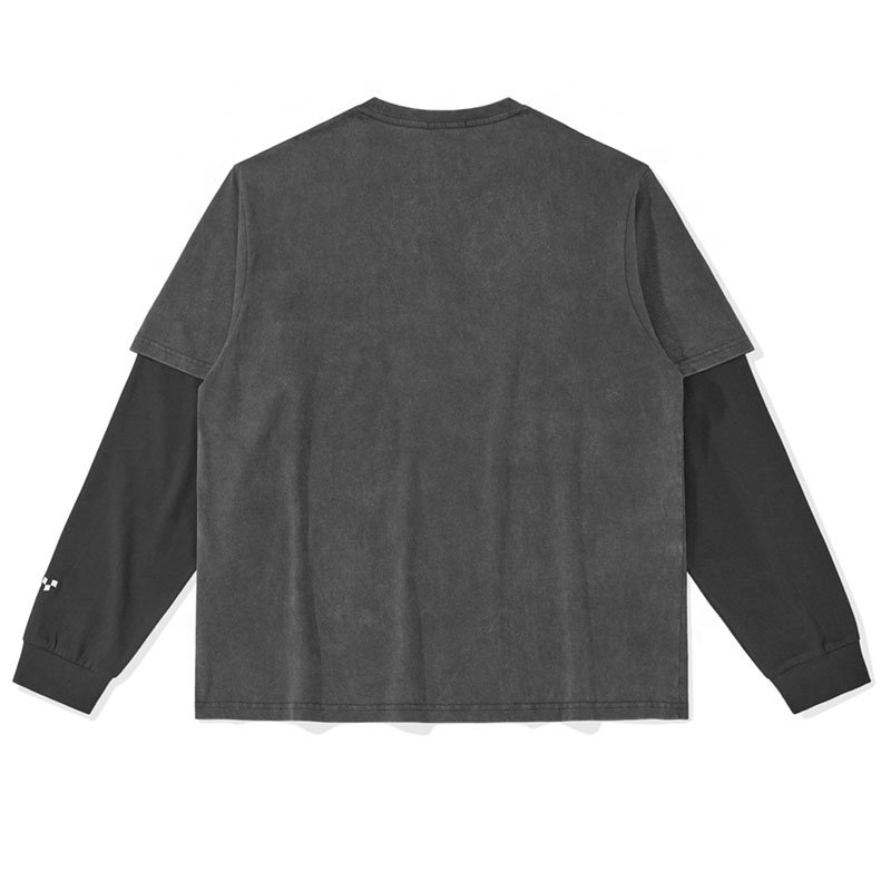 Custom wash long sleeve t shirt men 100% cotton double layer sleeve men's t-shirts long sleeve