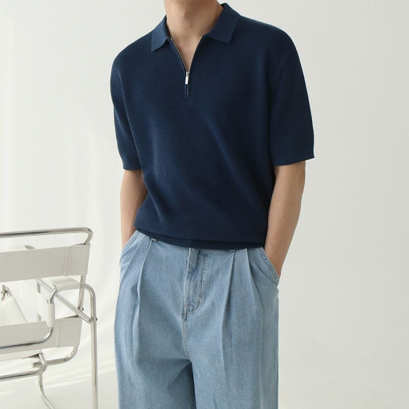 Men's half-zipper short-sleeved Polo shirt summer Korean version of loose fashion lapel solid color half-sleeved T-shirt