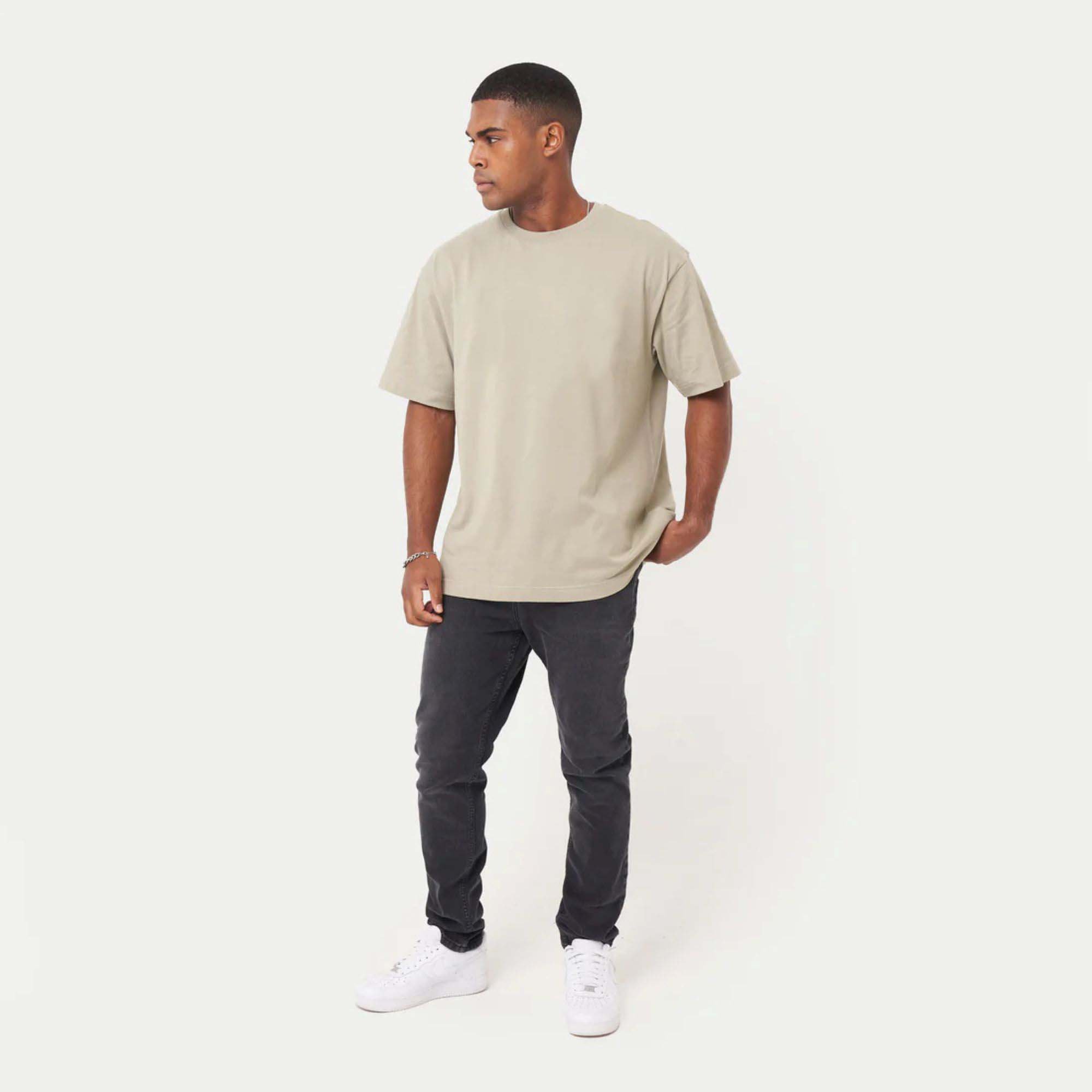 "Men's Classic Oversized T-Shirt - 100% Cotton Jersey, Medium Weight, Ribbed Neck, Short Sleeves, Grey Green"