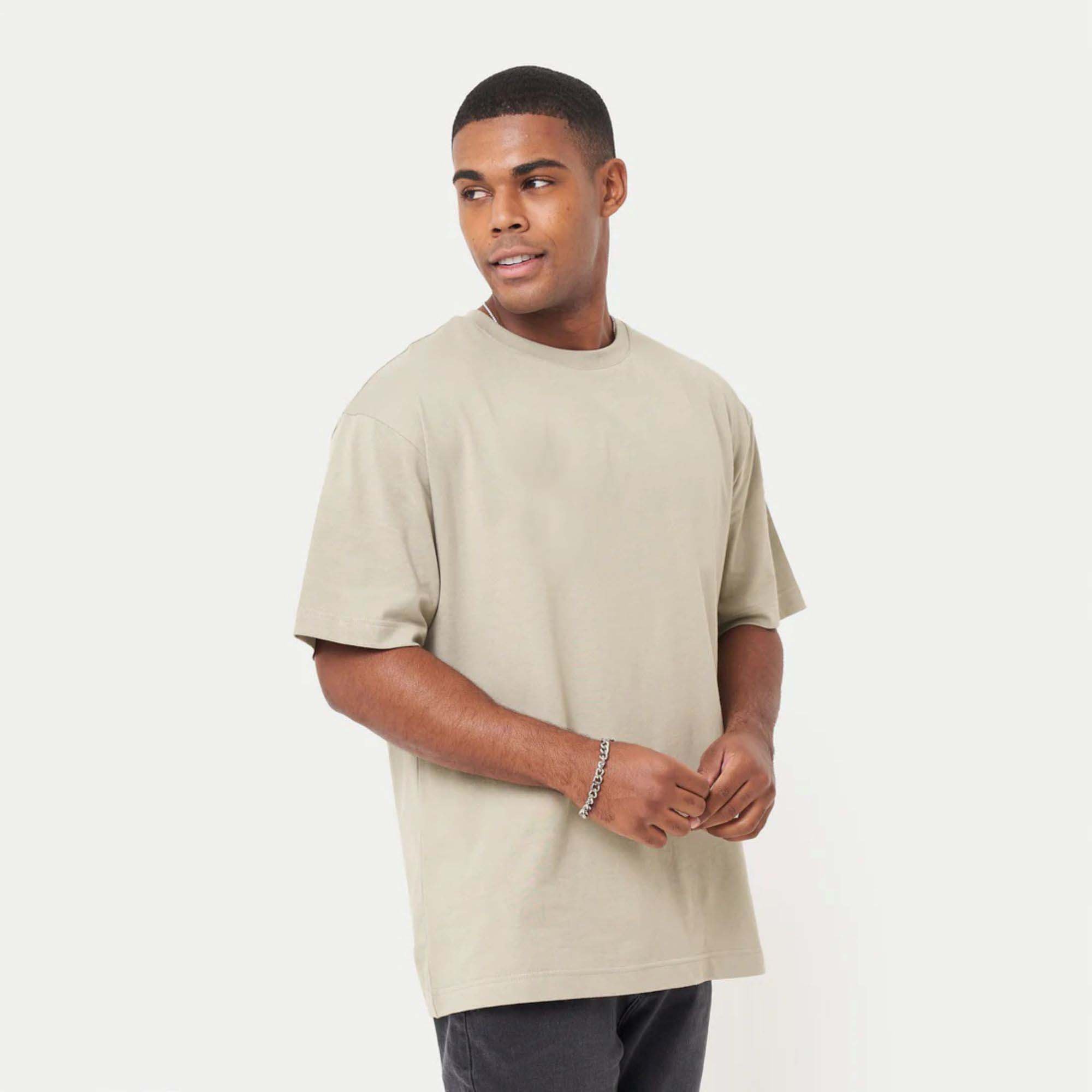 "Men's Classic Oversized T-Shirt - 100% Cotton Jersey, Medium Weight, Ribbed Neck, Short Sleeves, Grey Green"