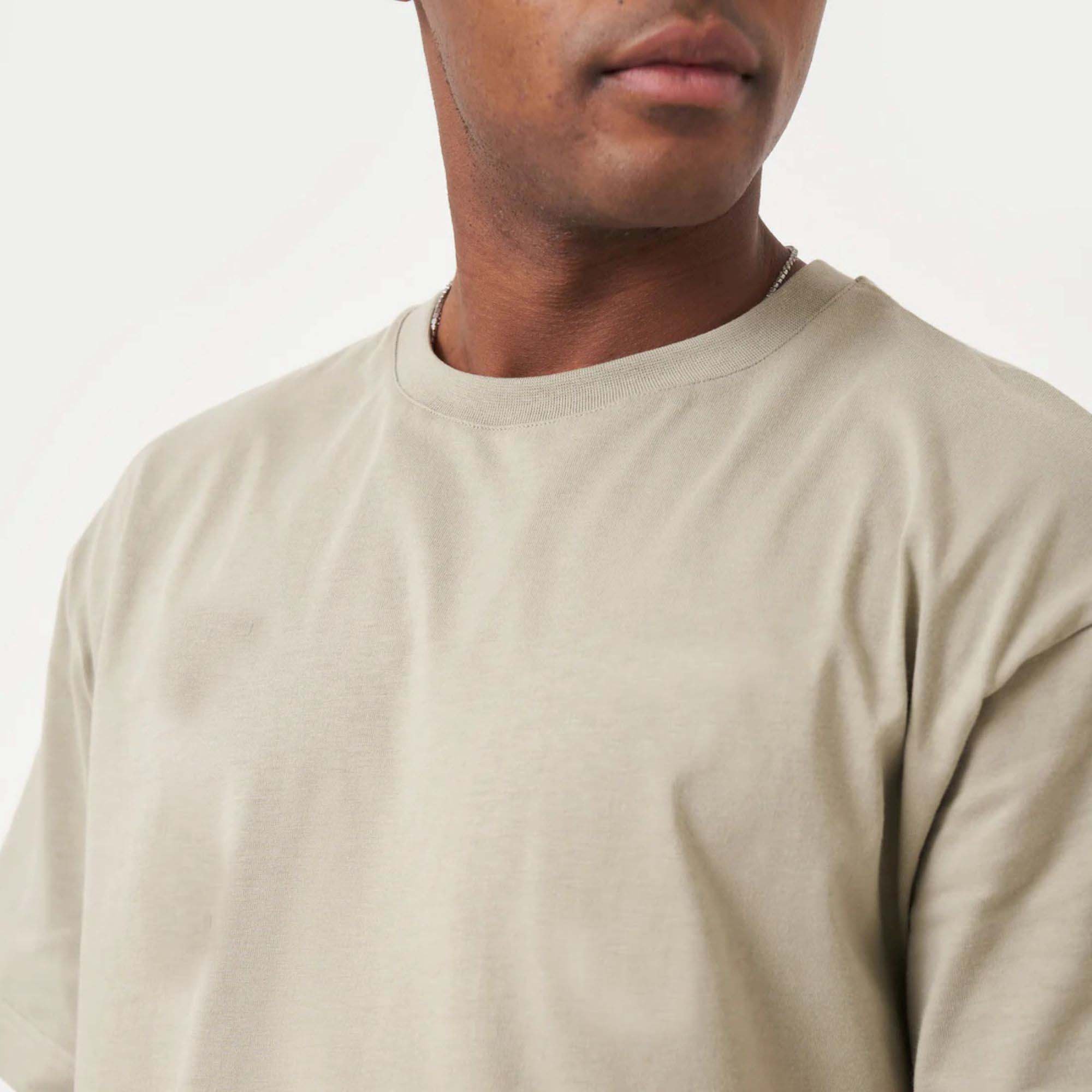 "Men's Classic Oversized T-Shirt - 100% Cotton Jersey, Medium Weight, Ribbed Neck, Short Sleeves, Grey Green"