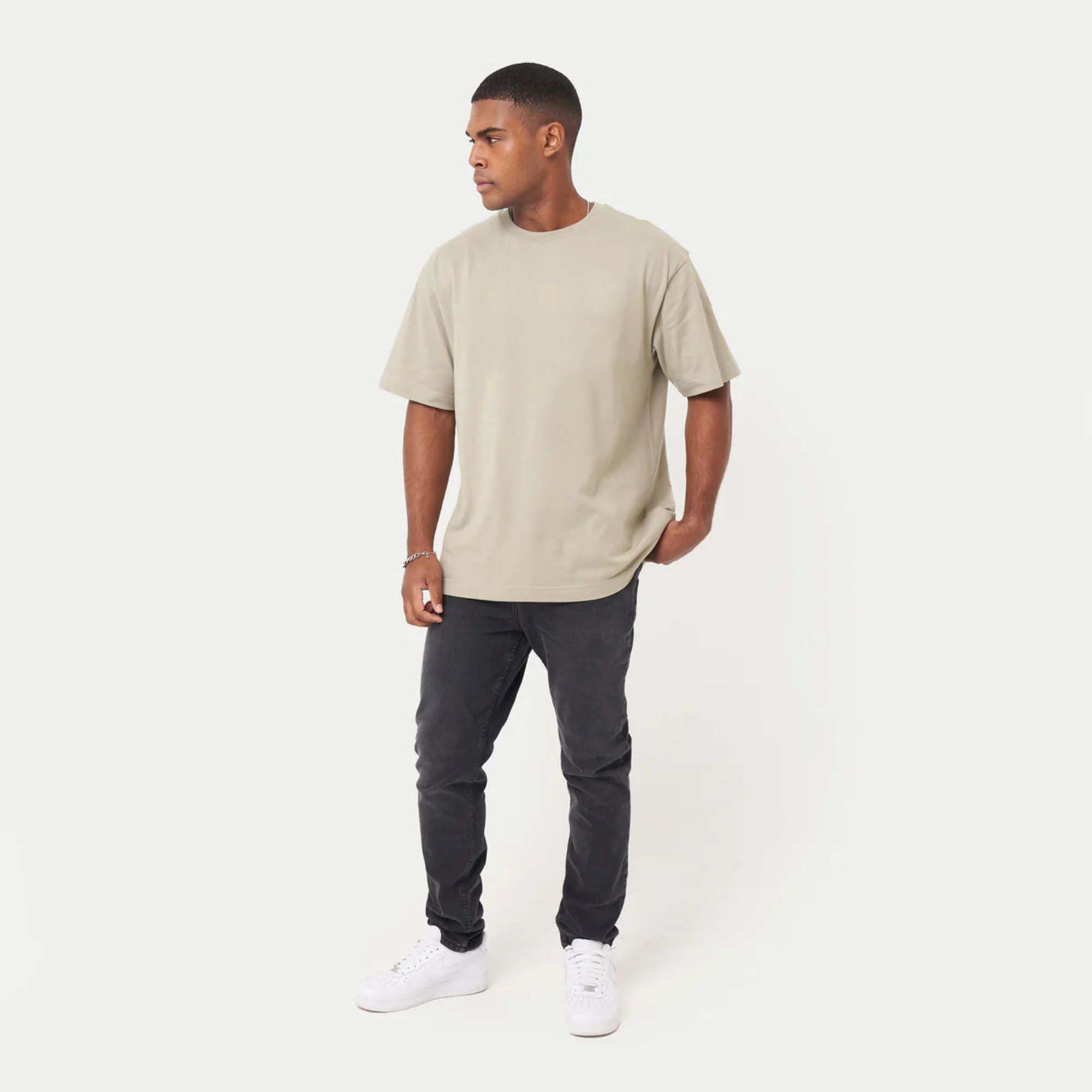 "Men's Classic Oversized T-Shirt - 100% Cotton Jersey, Medium Weight, Ribbed Neck, Short Sleeves, Grey Green"