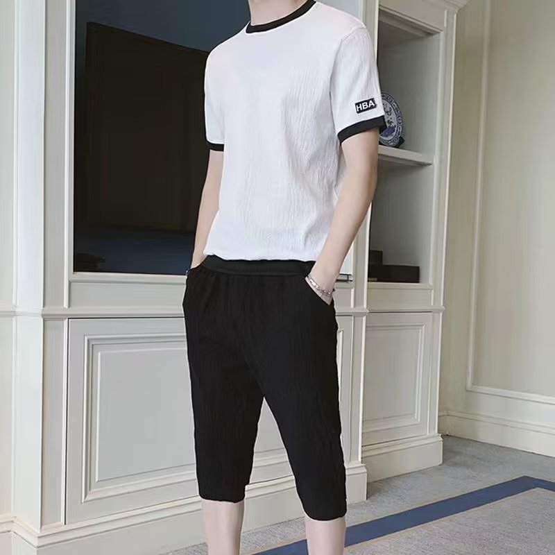 Men's Full Sets Ice Silk Summer Big Size S-5XL Casual Korean Sports Set Short Sleeve Tops and Shorts 2 Piece Set