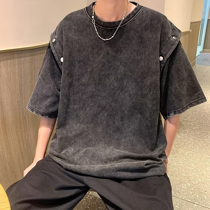 Vintage Detachable Short Sleeve T-Shirt Men's Loose Heavy Cotton Acid Wash T Shirt Top Summer Trend Brand T Shirts