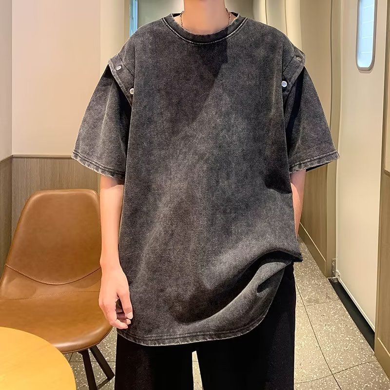 Vintage Detachable Short Sleeve T-Shirt Men's Loose Heavy Cotton Acid Wash T Shirt Top Summer Trend Brand T Shirts