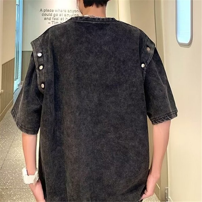 Vintage Detachable Short Sleeve T-Shirt Men's Loose Heavy Cotton Acid Wash T Shirt Top Summer Trend Brand T Shirts