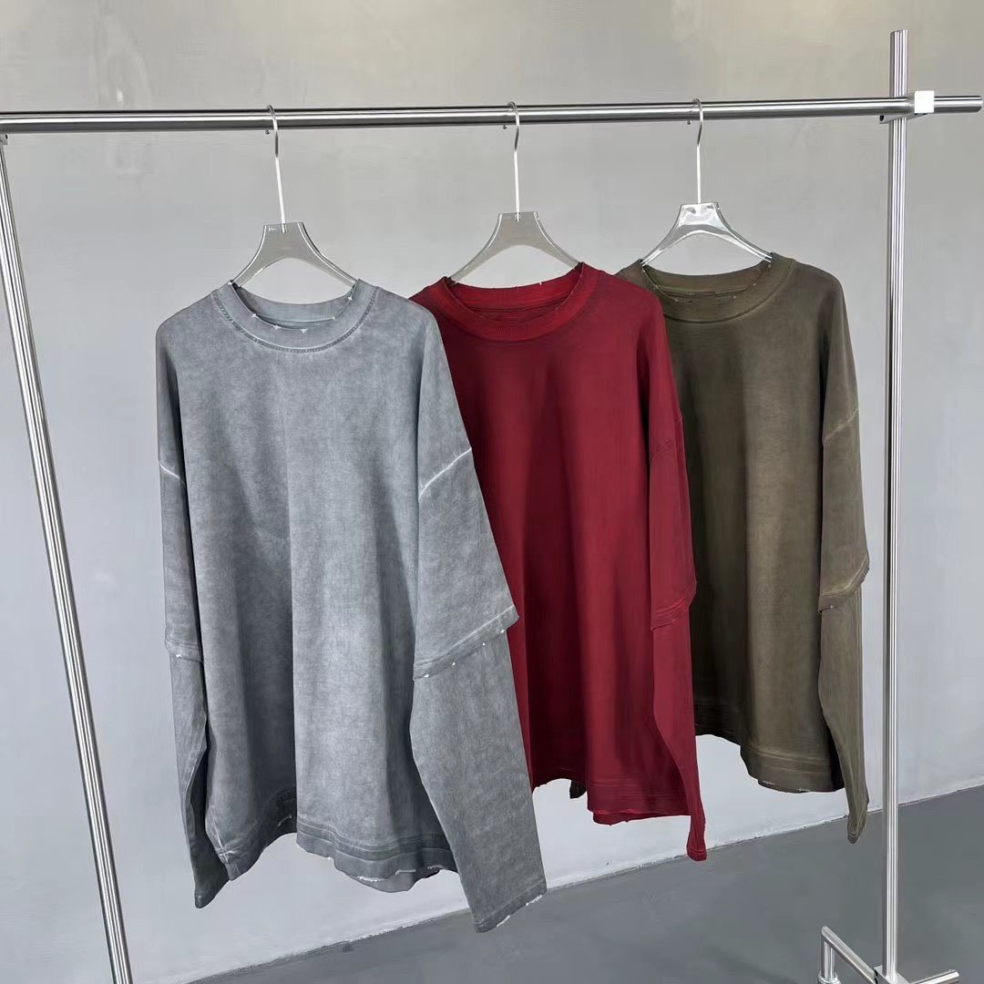 High Quality Custom Vintage Washed Unisex Tshirt Heavyweight Cotton Distressed Men Double Layer Long Sleeve T-shirts T-120