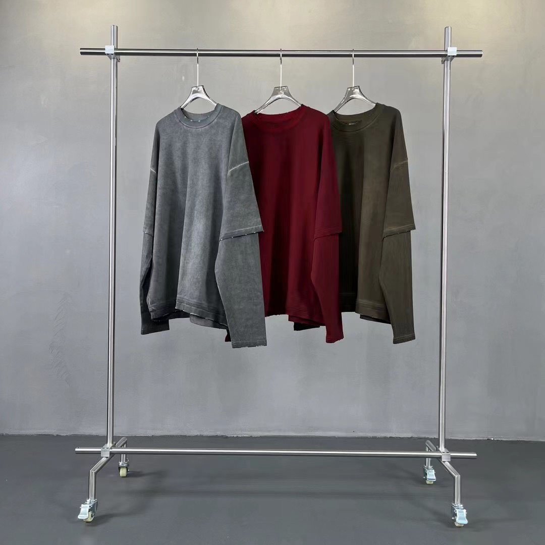 High Quality Custom Vintage Washed Unisex Tshirt Heavyweight Cotton Distressed Men Double Layer Long Sleeve T-shirts T-120