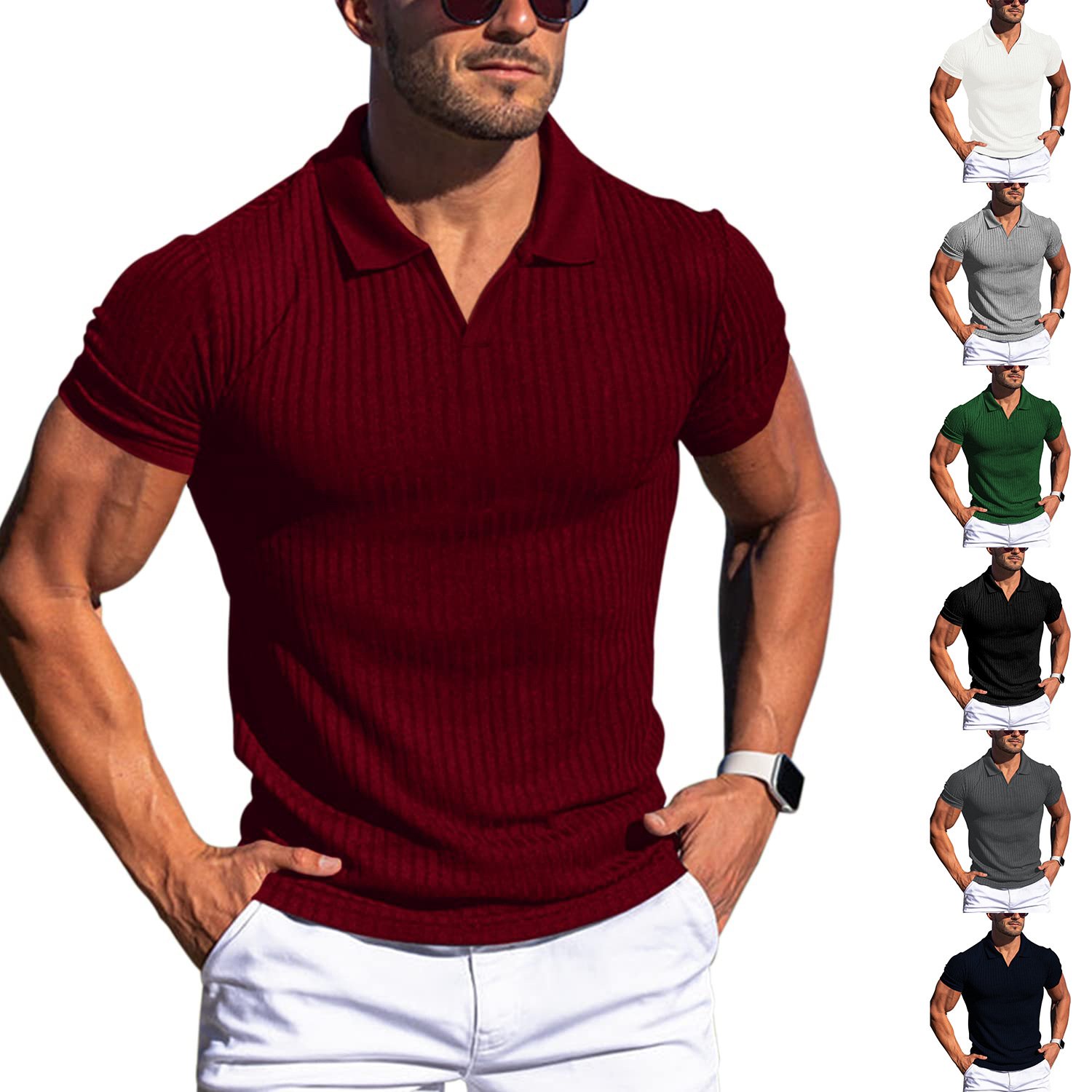 2024 summer new POLO shirt lapel V-neck casual wear solid color vertical stripes short-sleeved men's T-shirt