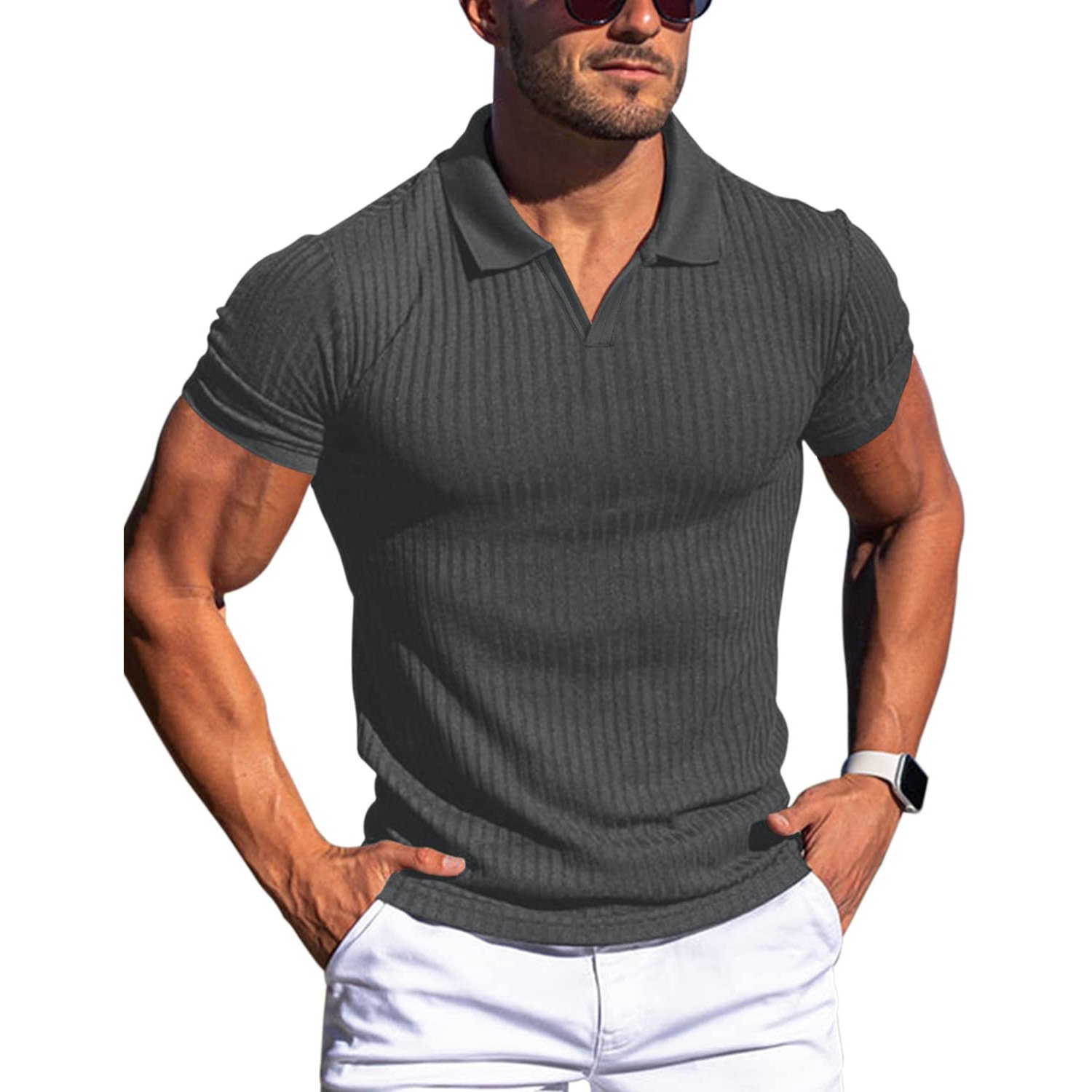 2024 summer new POLO shirt lapel V-neck casual wear solid color vertical stripes short-sleeved men's T-shirt