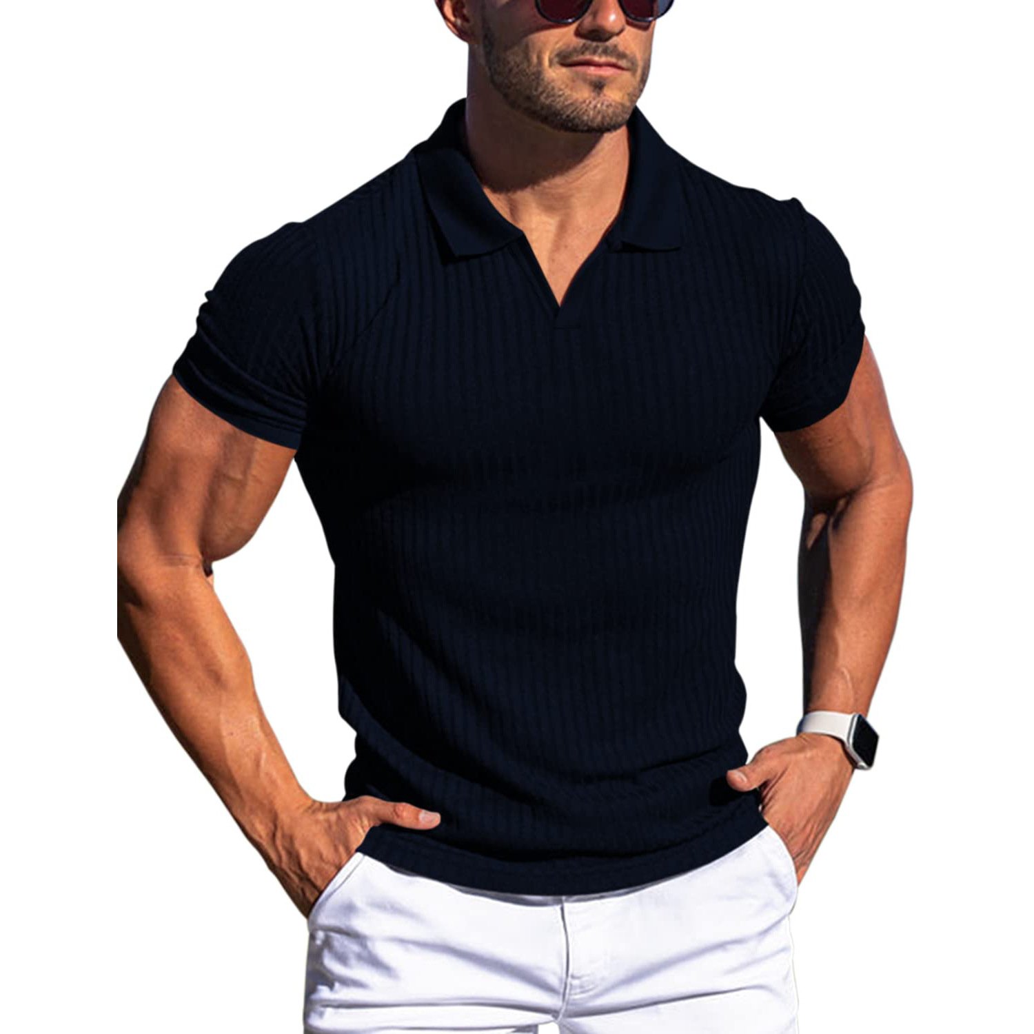 2024 summer new POLO shirt lapel V-neck casual wear solid color vertical stripes short-sleeved men's T-shirt