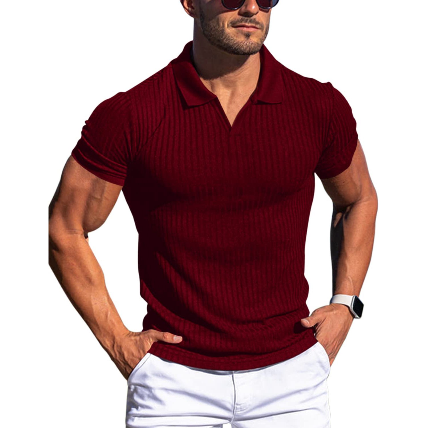 2024 summer new POLO shirt lapel V-neck casual wear solid color vertical stripes short-sleeved men's T-shirt